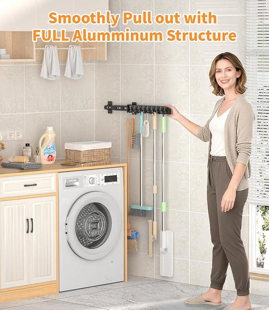 Pull Out Broom Holder With 9 Adjustable Sliding Hook, Multifunctional Slide Broom And Mop Storage/Organizer Garage Organization Hooks, for Closet Laundry - 16.14inch/41cm