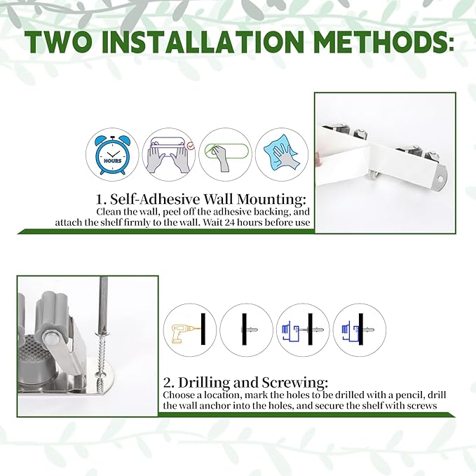 2 Pack Wall Mount Broom Holder, Self Adhesive 5 Racks and 4 Hooks Mop and Broom Organizer Storage Tool Racks Stainless Steel Heavy Duty for Home Kitchen Garden Laundry Garage