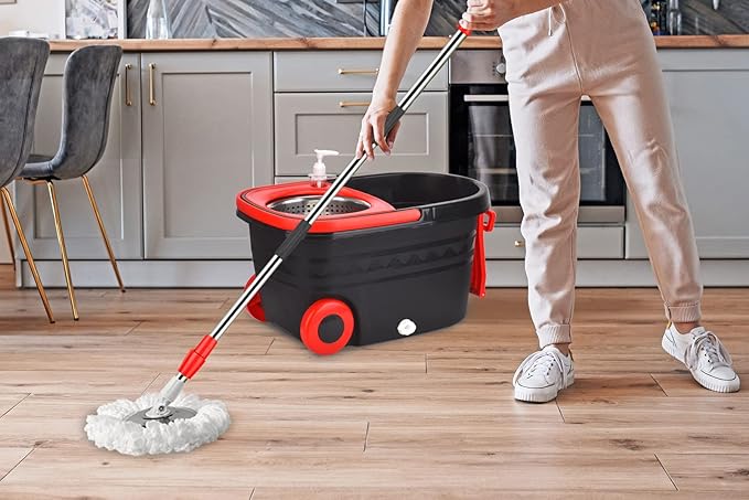 Mop Bucket Set, 360 Spin Stainless Steel Spin Mop Bucket System with 3 Mop Heads, for Floor Cleaning