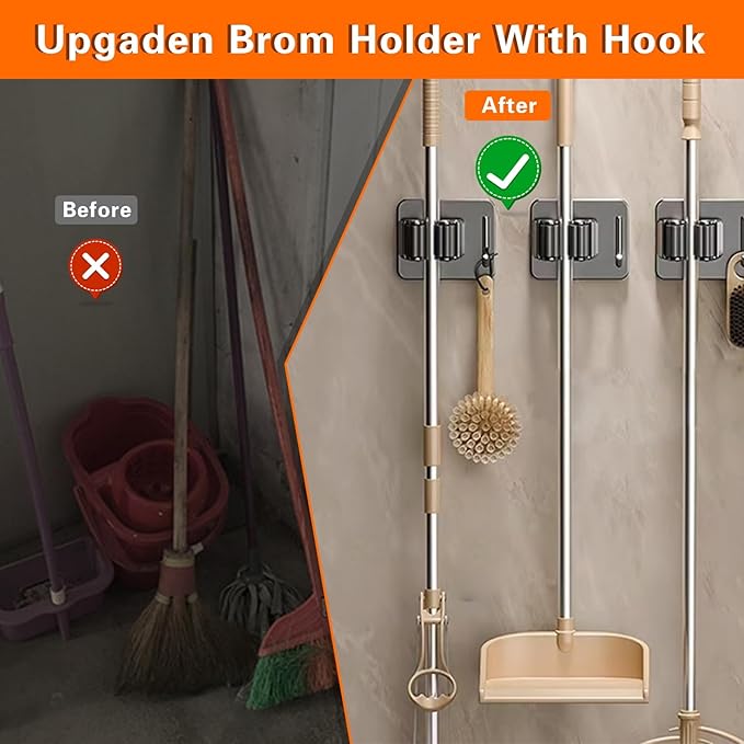 Mop Broom Holder-Self Adhesive Stainless Steel Broom Hanger Organizer for Bathroom, Kitchen, Office,Utility Room,Laundry Room,Home Garden, Garage Storage and Organization Rack(Silver gray-4Psc)