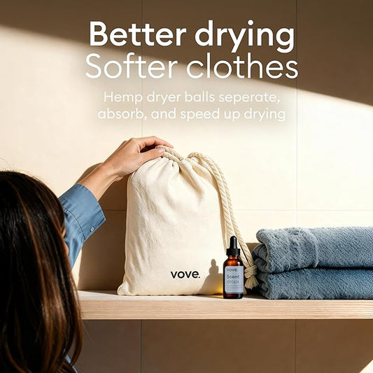 Vove Natural Hemp Dryer Balls - 4 Pack, 5X More Absorbent Than Wool - Cuts Drying Time up to 35%, Natural Fabric Softener, Reduces Wrinkles and Static, Reusable, Hypoallergenic, Eco Friendly
