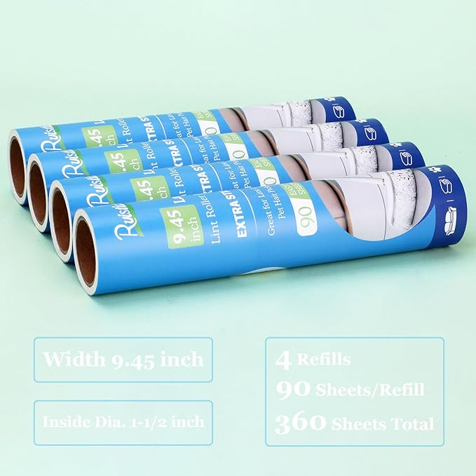 9.45 inch Lint Roller Refills for Large Long Handle Lint Rollers for Carpet 9.45'' Extra Sticky Floor Lint Roller 4 Pack of Refills Only, 90 Sheets per Refill, 360 Sheets Total
