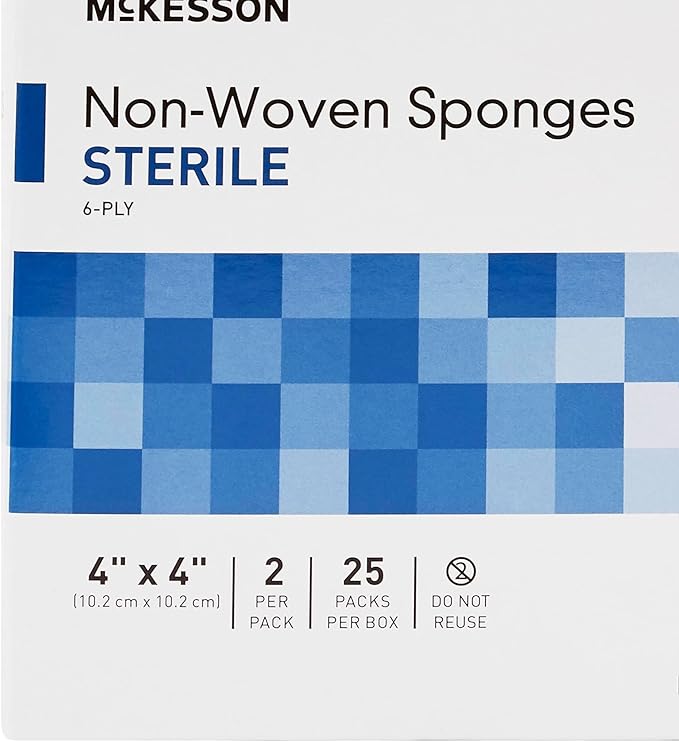 McKesson Non-Woven Sponges, Sterile, 6-Ply, Polyester/Rayon, 4 in x 4 in, 2 per Pack, 25 Packs, 50 Total