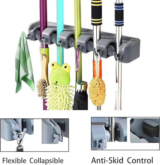 PP Plastic Multi-Function Broom & Mop Wall Mount Holder (16.9×3.35×2.36in, Gray) - Screw-Mounted Space Saver for Kitchen/Garage/Garden Tool Organization