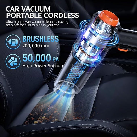 Car Vacuum Portable Cordless, 50000Pa High Power Rechargeable Dust Buster with 2 Batteries & Charger, 6-in-1 Handheld Vacuum Cleaners for Home, Car, Pet Hair, Keyboard, Graphite Black