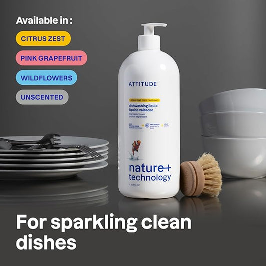 ATTITUDE Dish Soap, EWG Verified, Plant-Based & Vegan Dishwashing Liquid, Naturally Derived, Citrus Zest Scent, 33.8 Fl Oz