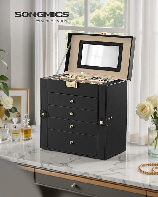 SONGMICS 5-Layer Jewelry Box Organizer with 4 Drawers, Jewelry Storage Case with Lock and Mirror, Large Storage Capacity, Gift for Loved Ones, for Necklaces, Watches, Ink Black UJBC153BZ01S