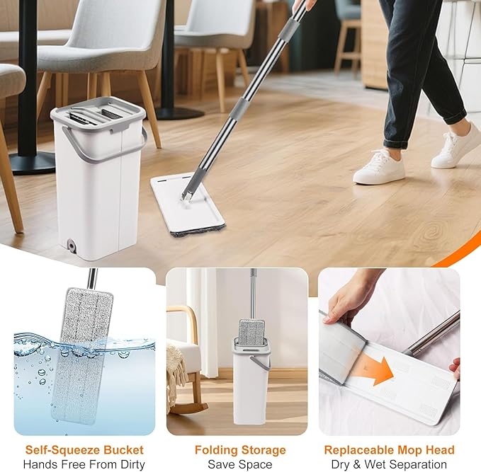 Flat Floor Mop and Bucket Set with Wringer, Flat Mops for Floor Cleaning, Wall Mop Cleaner with Long Handle, Hardwood Floor Mop with 3 Microfiber Pads (F)