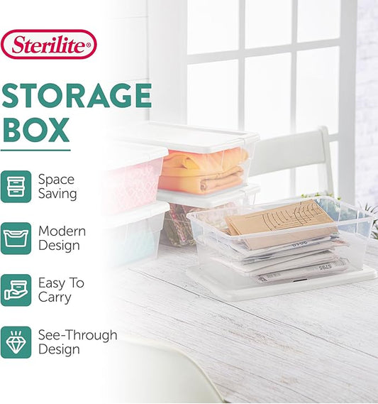 Sterilite 24-Pack 6 Quart Storage Box, Stackable Clear Plastic Bins with Snap-On Lids - Heavy-Duty Organizing Containers for Closet, Bathroom, and Office