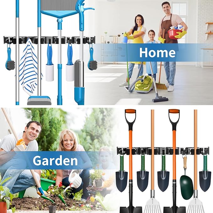 Piyl Mop and Broom Holder Wall Mount Metal Heavy Duty Utility Hooks Broom Organizer Garage Storage Systems Tool Racks for Home Laundry Garden Kitchen Organization (Black, 1 Pack 4R5H)