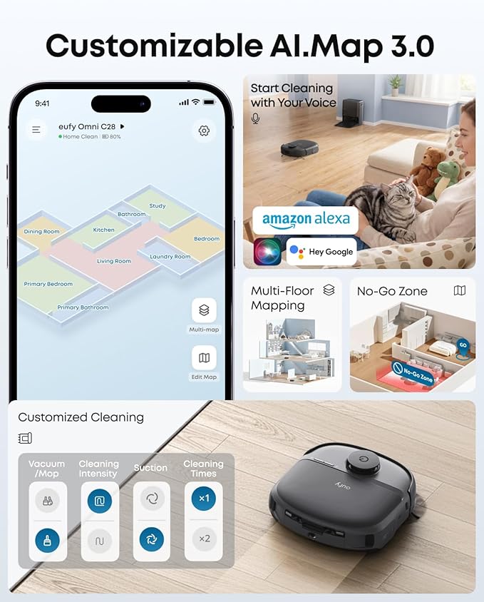 eufy Robot Vacuum C28, HydroJetโข Self-Cleaning Roller Mop, DuoSpiralโข Detangle Brush, 15,000 Pa Turbo High Suction, 5-in-1 Robot Vacuum and AI Obstacle Avoidance