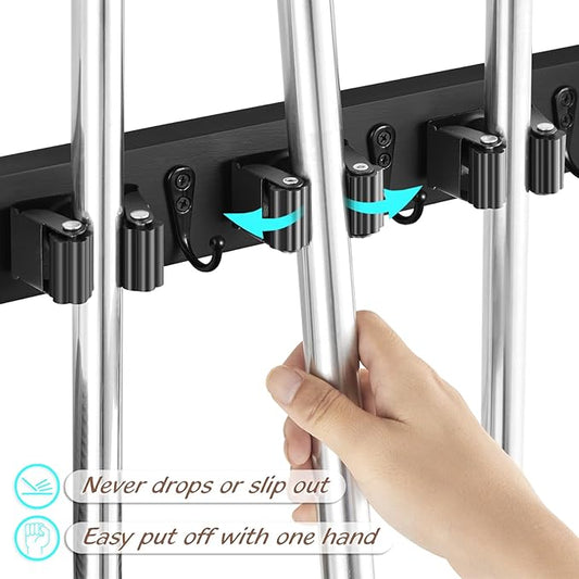 Black Mop Broom Holder Wall Mount with 4 Slots & 4 Hooks - Rustic Wood Broom Mop Hanger for Pantry Closet Laundry Room Organization - Heavy Duty Garden Tool Organizer - Black Kitchen Decor