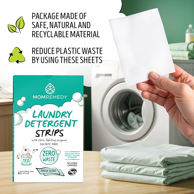 MomRemedy Laundry Detergent Sheets with Powerful Stain Fighting Enzymes - Made in EU, Sulfate Free, Zero Waste Laundry Sheets Detergent in Recyclable Packaging - Travel Friendly 60 Count (Fresh Scent)