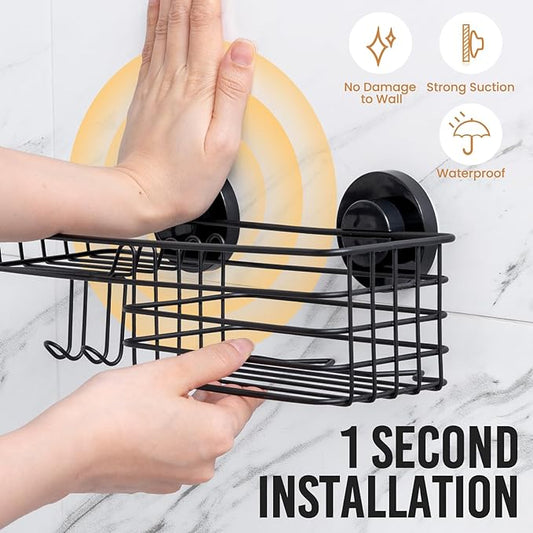 LEVERLOC Shower Caddy Suction Cup, 2 Pack suction shower shelf with Hooks & Soap holder, NO-Drilling Bathroom Holder, Rustproof bathroom organizer, Black