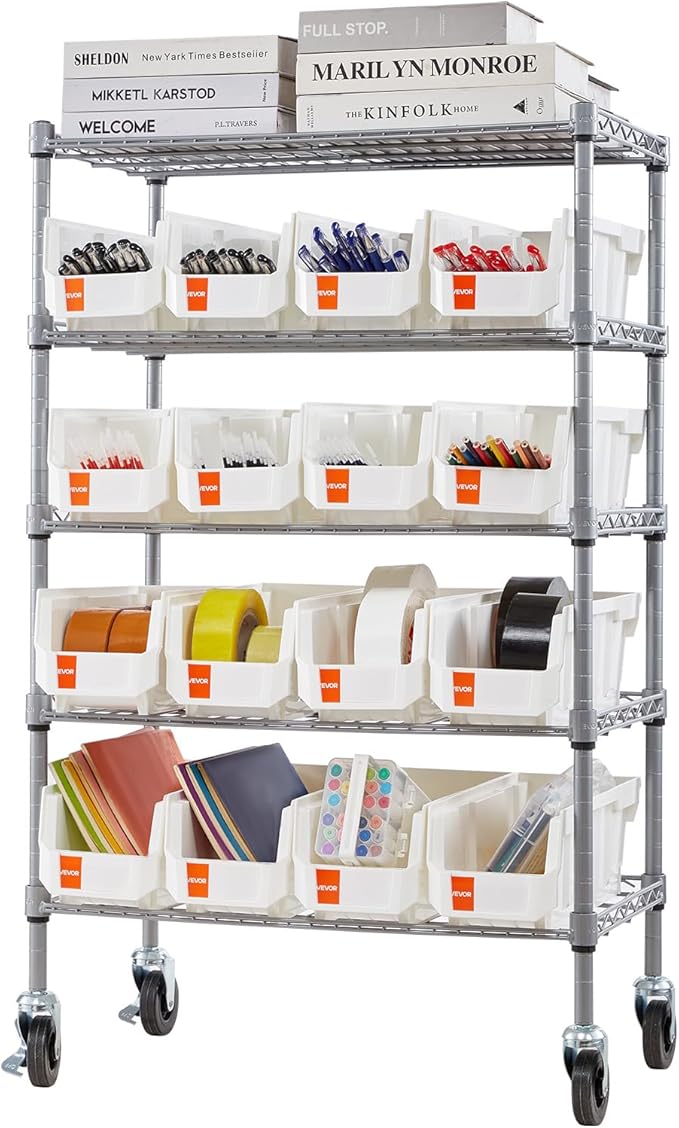 VEVOR 5-Tier Rolling Bin Storage Rack, 16 Organizer Bins, Bin Rack Storage Steel Wire Shelving System with Wheels, Mobile Tool Organizer for Garage, Warehouse, Office, Restaurant, Classroom, Kitchen