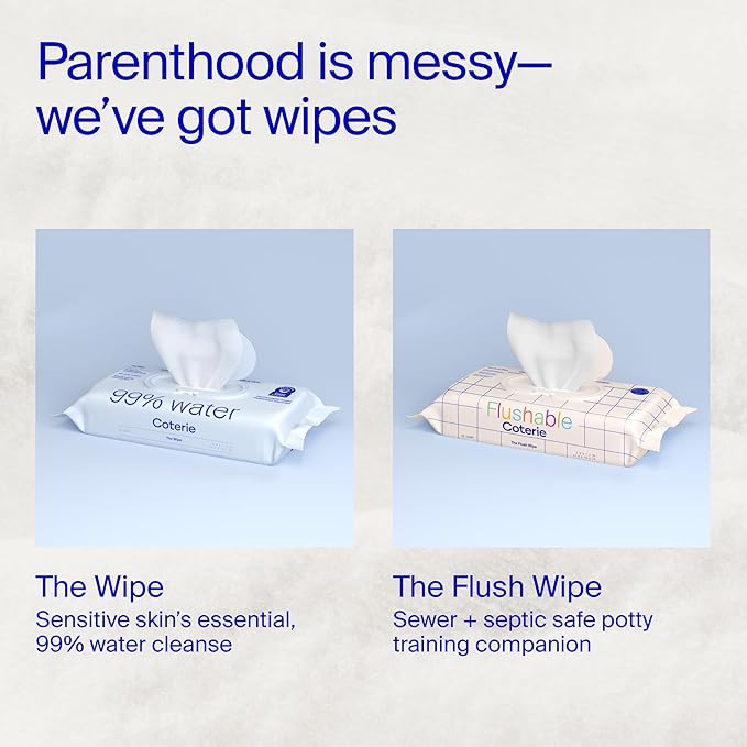 Coterie Baby Wipes & Flushable Toddler Wipes Set | 4 Packs Baby Wipes (224ct) + 4 Packs Flushable Toddler Wipes (224ct) | Hypoallergenic, Safe for Sensitive Skin, 99% Water, Plant-Based, Eczema Safe