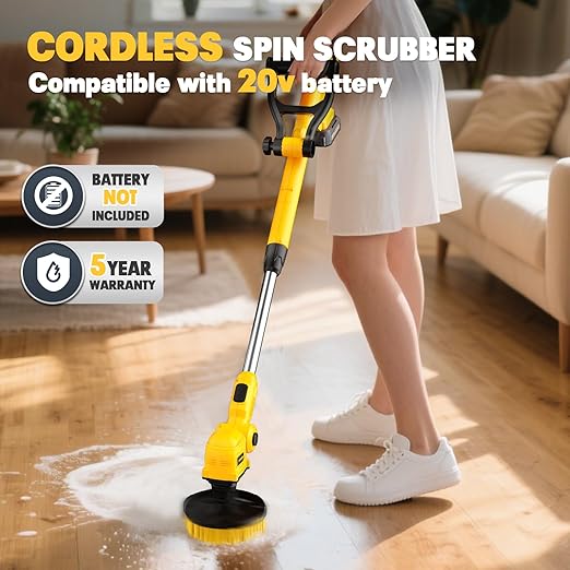 Electric Floor Scrubber Compatible with DeWalt 20v Battery(Tool Only) Cordless Spin Cleaning Machine, Brushless Heavy-duty Power Cleaner, 2 Brushes, Telescopic Long Handle, for Tile Grout Bathroom Tub