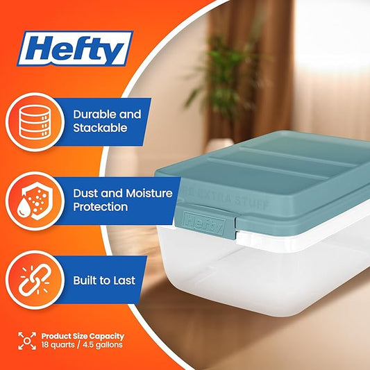 Hefty HI-RISE 18 Qt Plastic Storage Bins with Lids, 8 Pack Clear Stackable Containers with Secure Latching Handles, Under Bed Storage Boxes for Clothes, Shoes, Toys, Closet Organization