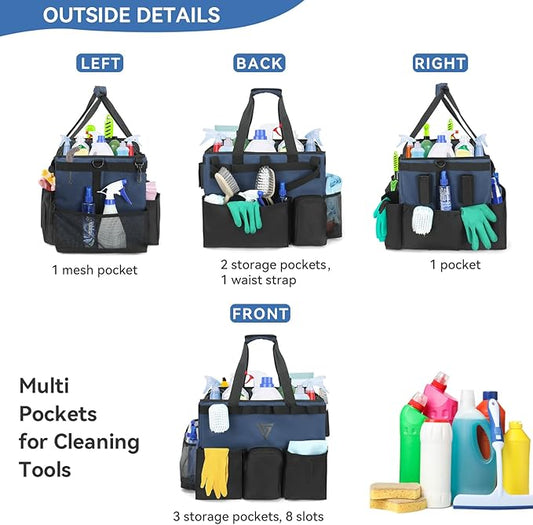 Professional Cleaning Kit - Durable Cleaning Caddy Bag with Black Apron and Trolley, Water-Resistant Organizer for Cleaning Supplies, Polyester Cleaning Bag for Housekeepers, (Dark Blue)
