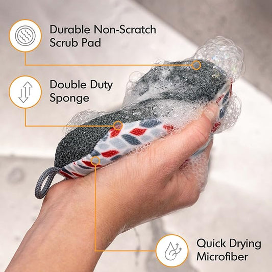 MĂkitchen Premuim Sponge for Dishes and Household Cleaning | Microfiber Print and Non-Scratch Scrub Pad | Set of 4 | (Medallion)
