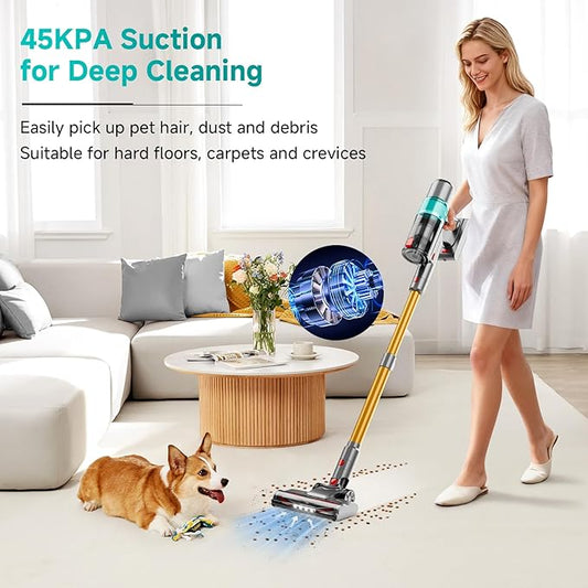 Cordless Vacuum Cleaner, 550W/45KPA Powerful Suction Cordless Stick Vacuum Cleaners for Home, Anti-Tangle Brush, Lightweight, 6-in-1 Rechargeable Vacuum for Pet Hair/Carpet/Hard Floor(Green)