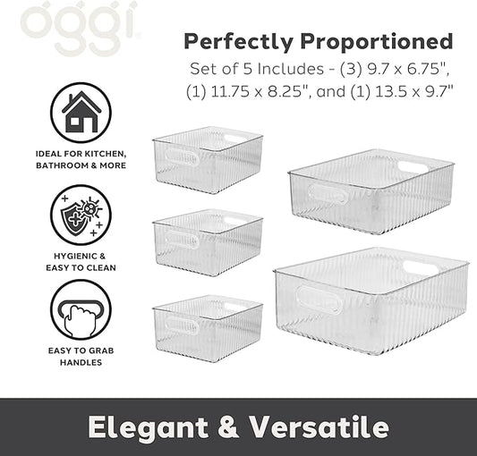 Oggi Set of 5 Clear Fluted Storage Bins with Handle - Durable Plastic Organizers for Fridge, Pantry, Cabinets & Countertop, Modern Farmhouse Style, 5 Sizes for Kitchen Organization and Storage