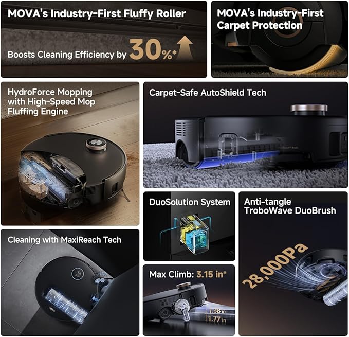 Mova Z60 Ultra Roller Complete Robot Vacuum and Mop, 28,000Pa Suction, 3.14in Obstacle Crossing, AutoShield for Carpet Protection, Zero Tangling Duobrush, Extendable Roller & Side Brush
