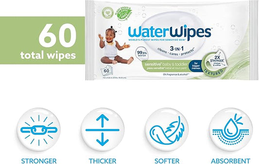 WaterWipes Sensitive+ Baby & Toddler Wipes, 3-In-1 Cleans, Cares, Protects, 99.9% Water, Textured Clean, Unscented & Hypoallergenic, 60 Count (1 Pack)