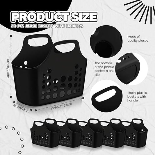 Nuogo 20 Pack Plastic Baskets with Handles Portable Shower Caddy Storage Baskets Reusable Caddy tote Organizer Bin for Bathroom Dorm Communal Showers Kitchen, 10.6" x 6" x 10" (Black)