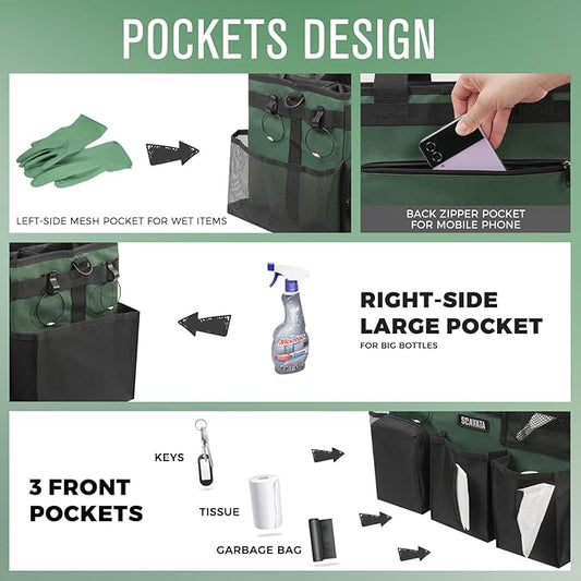 Wearable Cleaning Caddy Bag, Cleaning Caddy Supplies Organizer with Handle & Shoulder Straps for Housekeepers, Under Sink & Car Cleaning Tool Organizers with 4 Foldable Divider (TreeGreen)