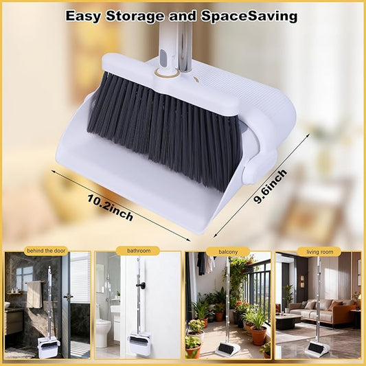 Heavy Duty Broom and Standing Dustpan Combo Set, Rotatable Head Dust Pan and Brush Set with Collapsible Handle, Cleaning Teeth, Hanging Loop, Ideal for Pets, RV, Kitchen, Camping, Outdoor Floor, White