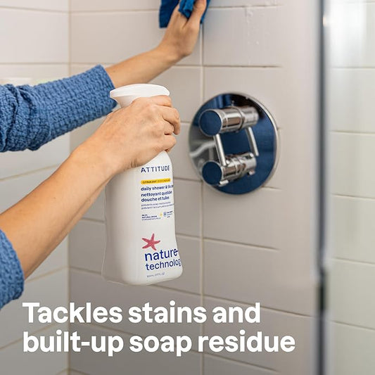 ATTITUDE Shower & Tile Cleaner, EWG Verified, Plant-Based & Vegan Bathroom Spray, Removes Soap Scum & Grime, Citrus Zest Scent, 27.1 Fl Oz