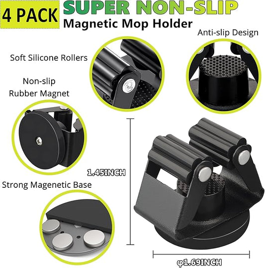 ULIBERMAGNET Magnetic Mop Broom Holder,Heavy Duty Movable Magnetic Broom Holder Rack,Anti-slip Wall Mounted Utility Storage Mop Shovel Hanger for Garage, Kitchen, Laundry, Garden(4 Pack/Black)