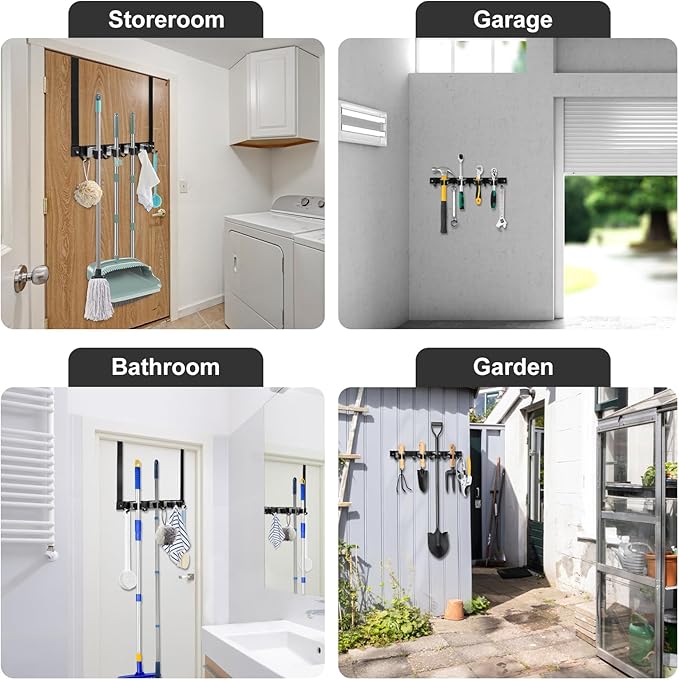 SLIIMU Over Door Movable Broom and Mop Hanging Holder with Sliding 4 Rack 5 Hook, Metal Mop and Broom Holder Wall Mount with 2 Over Door Hook, Door Mount Storage Organizer for Closet Garage Laundry