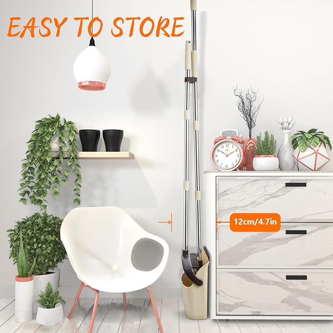 Broom and Dustpan Set, Dustpan Combo with 51" Stainless Steel Long Handle Brooms with 5-Layer Soft Bristles for Home Office Kitchen Bathroom(Beige)