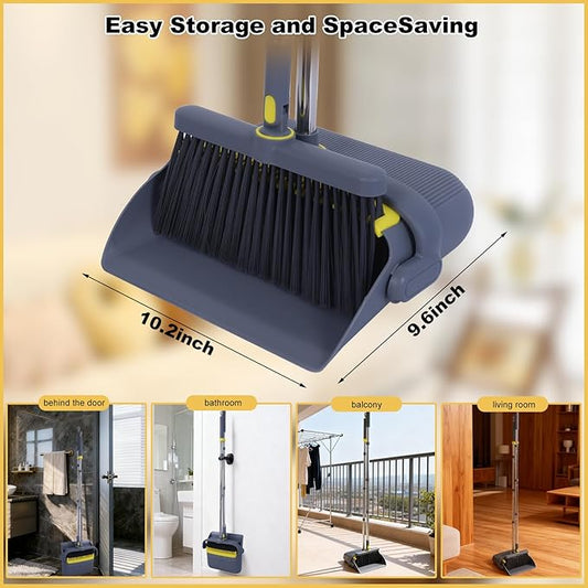 Heavy Duty Broom and Standing Dustpan Combo Set, Rotatable Head Dust Pan and Brush Set with Collapsible Handle, Cleaning Teeth, Hanging Loop, Ideal for Pets, RV, Kitchen, Camping, Outdoor Floor, Gray
