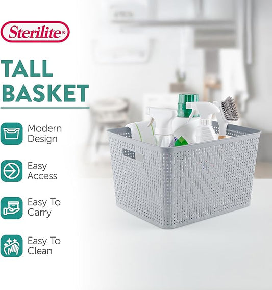 Sterilite 6-Pack Tall Basket, Woven Plastic Storage Baskets for Organization, Cement - Organizing Bin Containers with Handles for Bedroom, Bathroom, Dorm, and Closet