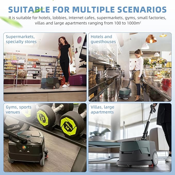 Mini Automatic Floor Scrubber Machine Battery Powered Walk Behind,Portable Commercial Floor Scrubber Machine,90-Minute Runtime, Includes 2 Hard Brush Soft Brush and 2 Scouring pads