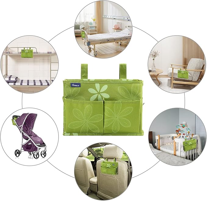 Surblue Bedside Caddy Hanging Bed Organizer Storage Bag Pocket for Bunk and Hospital Beds, College Dorm Rooms Baby Bed Rails,Camp Chiars,Wheelchair Side Bag,4 Pockets and 2 Hooks (Flower)