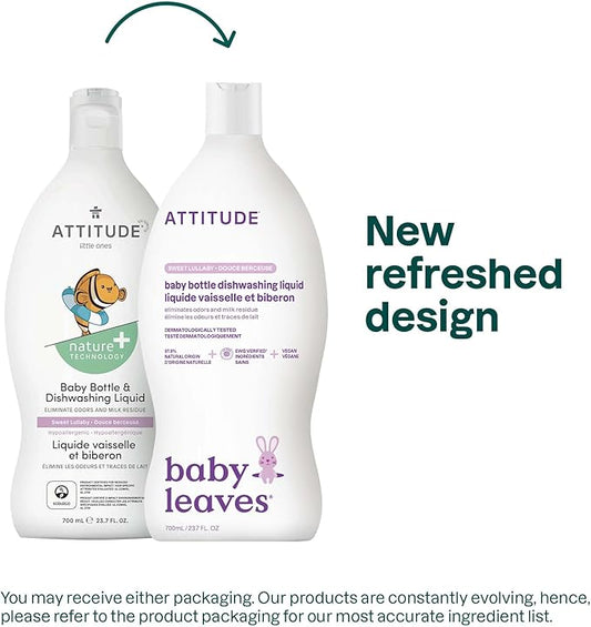 ATTITUDE Baby Dish Soap and Bottle Cleaner, EWG Verified Dishwashing Liquid, No Added Dyes or Fragrances, Tough on Milk Residue and Grease, Vegan, Sweet Lullaby, 23.7 Fl Oz