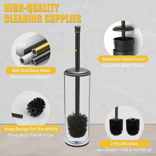 BESy Toilet Brush and Holder, Toilet Cleaner Bowl Set with Two Brush with Extra Long Handle, Durable Bristles Toilet Scrubber and Covered Holder, Drip-Proof Stainless Steel Oil Rubbed Bronze