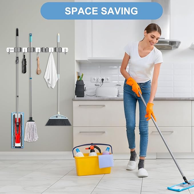 Mop and Broom Holder Wall Mounted, 4 Racks and 5 Hooks Broom, Upgraded Stainless Steel Broom Holder Self Adhesive, Broom Organizer, Tools Organizer for Home Kitchen bathroom Garden balcony