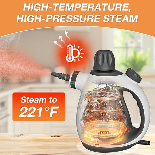 Handheld Steam Cleaner, Pressurized Multi-Purpose Natural Steamer with 12 pcs Accessories, Steamer for Cleaning Car, Bathroom, Countertop, Upholstery, Shower, Couch, Tile Grout, Window, Grease