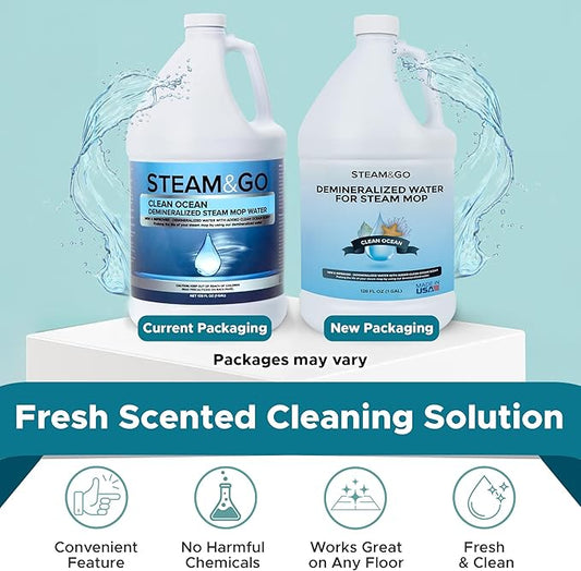 Steam & Go Demineralized Water - Multisurface Cleaner, PVC-Free Ready-to-Use for Mops & Floor Steamers - Ideal for Kitchen, Bathroom, & Home Surfaces - Clean Ocean Scent - 128 fl oz (1 gal)