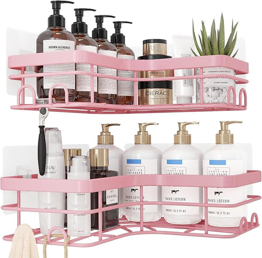 Corner Shower Caddy - 2 Pack, Adhesive Shower Organizers, Rustproof Stainless Steel Shower Shelves with 8 Hooks, No Drilling Bathroom Organizers and Storage Racks, Space-Saving, Pink, X-Large