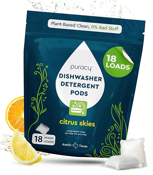 Puracy Dishwasher Pods, Natural Dishwasher Detergent, Free & Clear Dish tabs - Enzyme-Powered, Spot & Residue Free - TikTok Trend Items, Must Haves from TikTok Made Me Buy It (Citrus Skies, 18 Count)