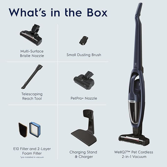 Electrolux WellQ7 Pet Cordless 2-in-1 Vacuum Cleaner with Motorized PetPro+ Nozzle for Easy Pet Hair Removal, 50-Minute Run Time, 2 Power Modes, Indigo Blue