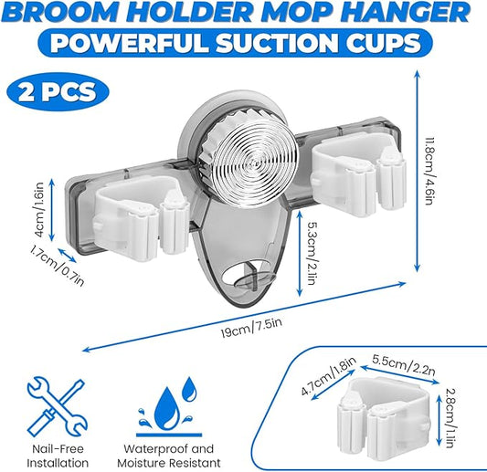 2 Pack Broom Holder Mop Hanger - Strong Suction Cup - No Drill Removable Broom Organizer Rack Wall Mount with Hooks for Bathroom Kitchen Garage, Clear Grey