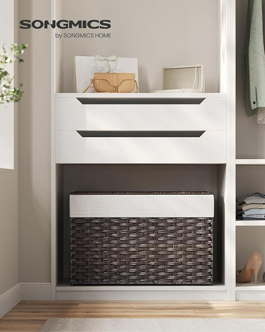 SONGMICS Storage Basket with Lid, Woven Blanket Storage Bin with Handles, Foldable, Removable Liner, Metal Frame, for Bedroom, Laundry Room, 27.7 Gallons (105 L), Brown URST066K01