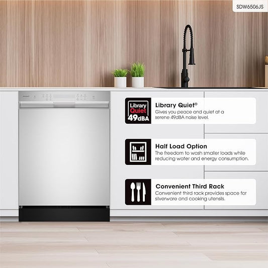Sharp SDW6506JS 24-inch Stainless Steel Dishwasher, 49 dB, Third Rack, 12 Place Settings, Front Touch Controls